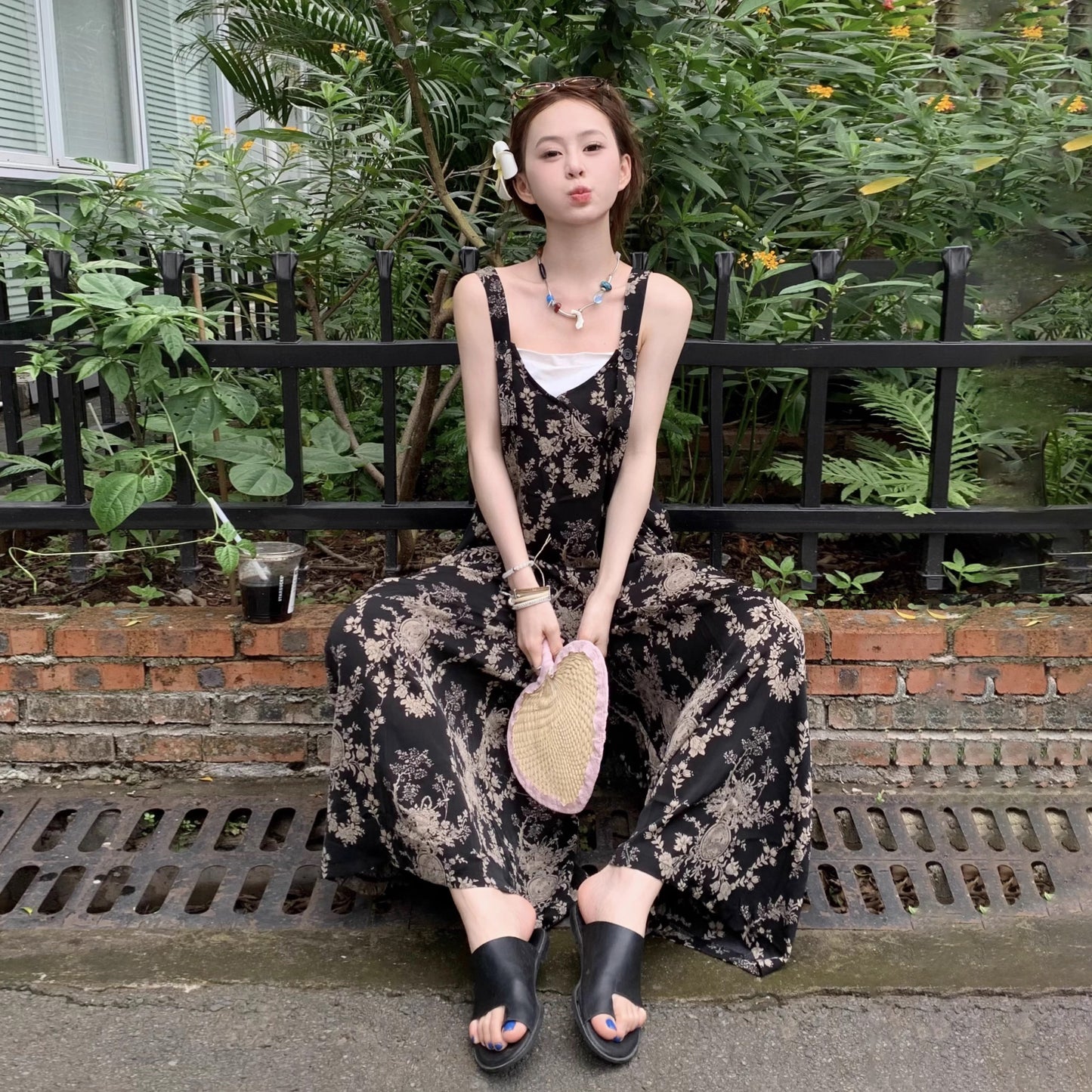 【ボトムス】夏新作 チャイナ風 ゆったりカジュアル ルーズ感たっぷり Vネックキャミオールインワン【SHシリーズ】