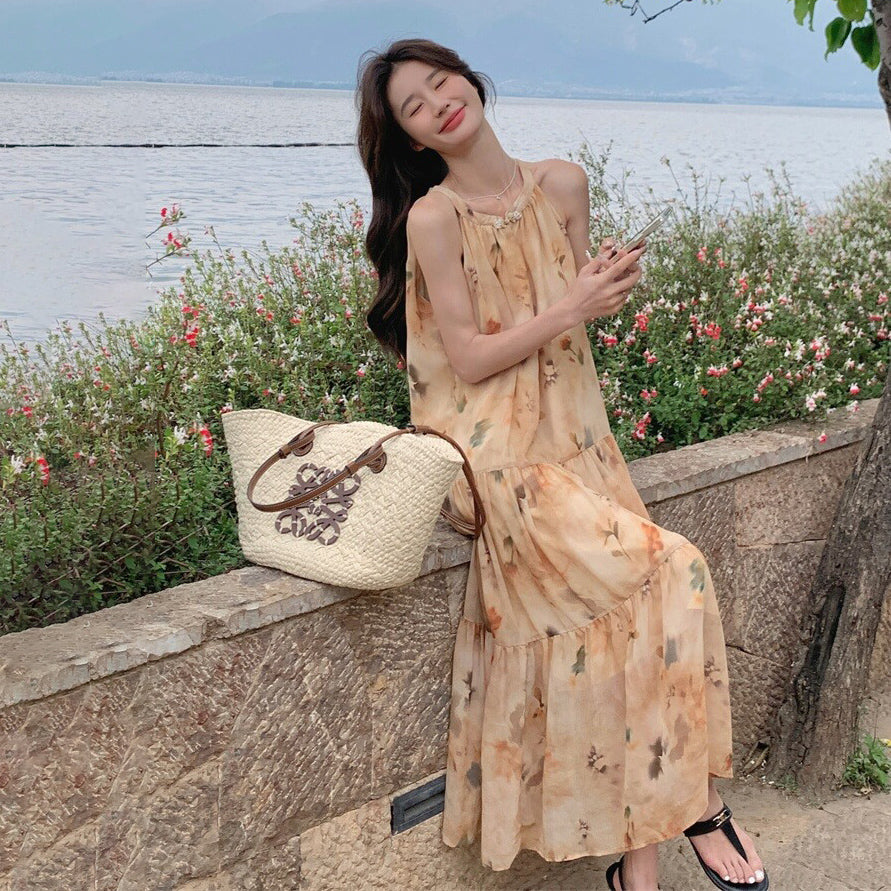 【ワンピース】イエロー 小花柄 ノースリーブ ホルターネック レディース 夏 フェアリー風 バカンス ワンピース【SHシリーズ】