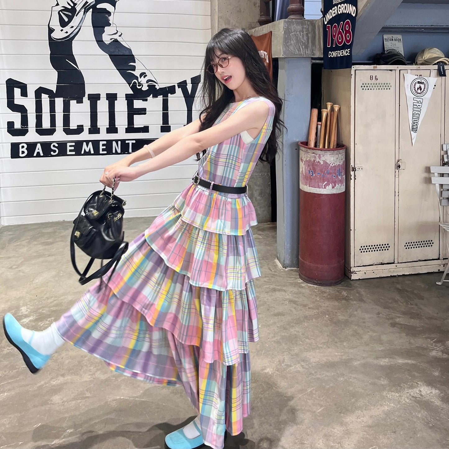 【ワンピース】 レインボーチェック ノースリーブ ティアードワンピース 夏 レディース フェミニン 体型カバー リゾート風 着痩せ ゆったり Aライン 大人可愛い バカンス 海辺旅行【SHシリーズ】