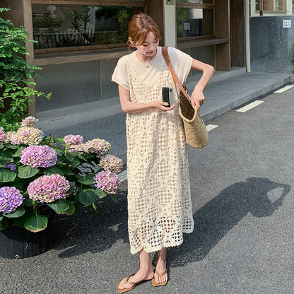 2点セット！【セットアップ】透かし編みカーデ+ 半袖ワンピースセットアップ｜激かわ映えロングワンピース【JZシリーズ】