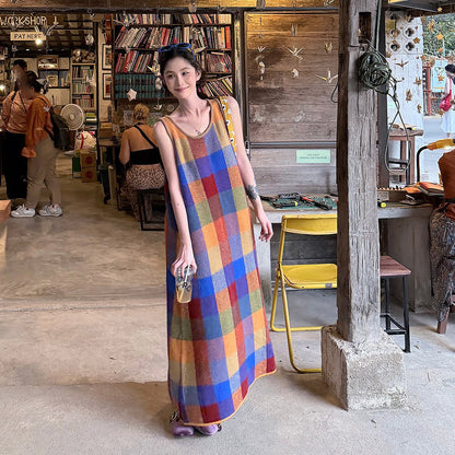 【ワンピース】カラフルチェック Uネックノースリーブオフショルダーワンピース レディース 夏新作 韓国風 ゆったりAラインロングドレス【SHシリーズ】
