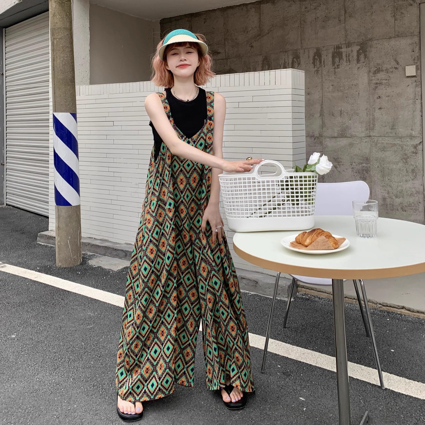 【ボトムス】夏新作 文芸ムードたっぷり 菱形チェック柄 オーバーサイズサロペットスカンツ オールインワン【SHシリーズ】