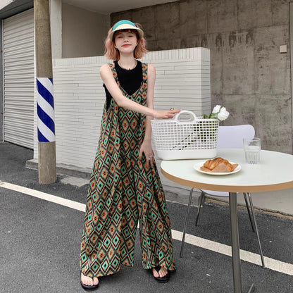 【ボトムス】夏新作 文芸ムードたっぷり 菱形チェック柄 オーバーサイズサロペットスカンツ オールインワン【SHシリーズ】