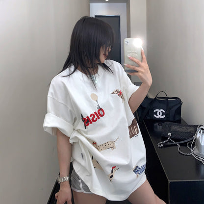 【トップス】【10～15日内発送】夏新作 個性派デザイン 綿100％ おしゃれ犬プリント 半袖Tシャツ【FCシリーズ】