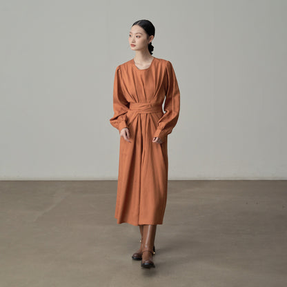 【ワンピース】フレンチレトロ風 オレンジリボン長袖ワンピース レディース ウエストシェイプ ロング丈【JZシリーズ】