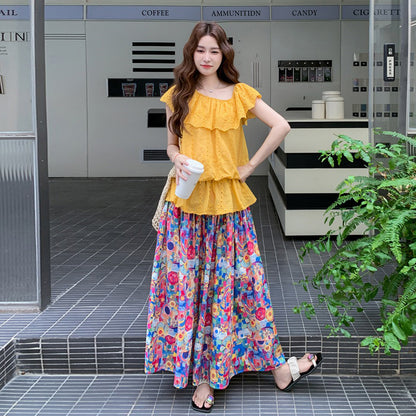 2点セット！【セットアップ】ドーパミンコーデ フリル刺繍トップス＋油絵風スカート 上下セット【SHシリーズ】