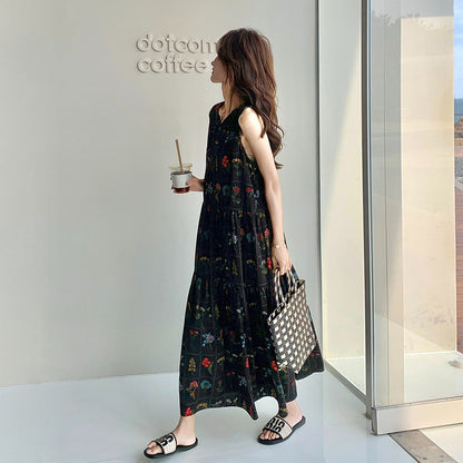 【ワンピース】刺繍プリント ビーチ ノースリーブタンクワンピース【SHシリーズ】