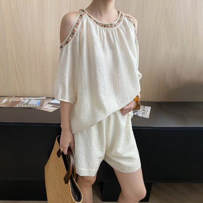 2点セット！【セットアップ】編み込みビーズ オフショルダーブラウス＋ワイドレッグショートパンツ 上下セット【JZシリーズ】