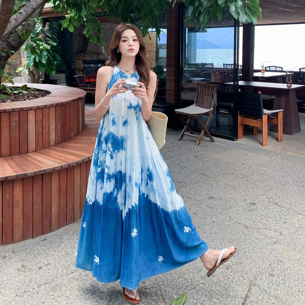 【ワンピース】夏新作 フレンチスタイル タイダイ柄 ノースリーブワンピース 着痩せ効果抜群【SHシリーズ】