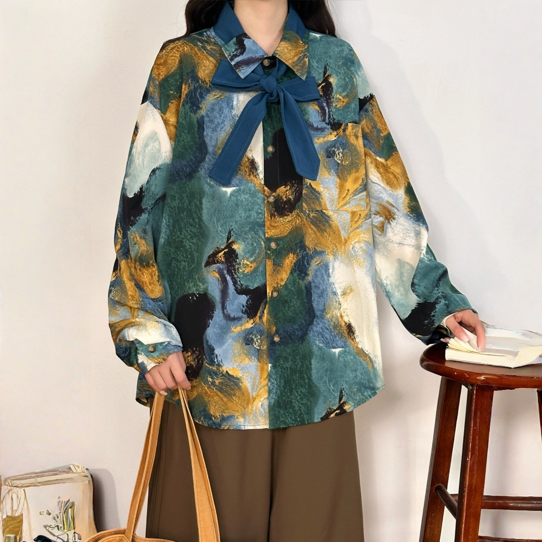 【トップス】カラフル油絵プリント アート感のある 長袖 シャツ 【FCシリーズ】