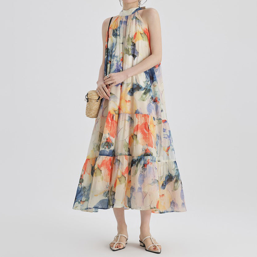 【ワンピース】海辺リゾート気質 フレンチプリント 高級感 ノースリーブワンピース【SHシリーズ】