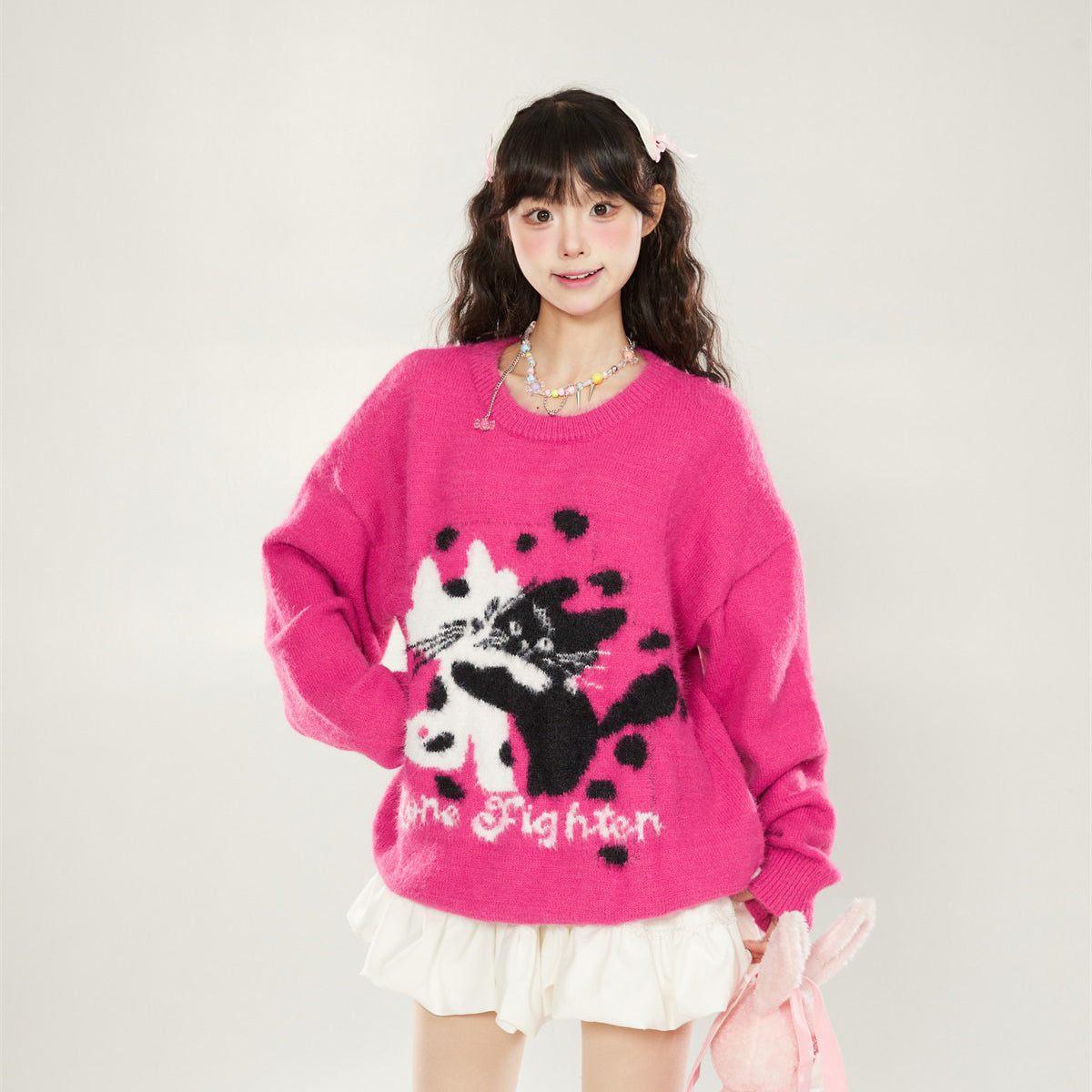 【トップス】ローズレッド 猫 ふわふわニット レディース 秋冬 クルーネック ゆったり 上品 プルオーバー【FCシリーズ】