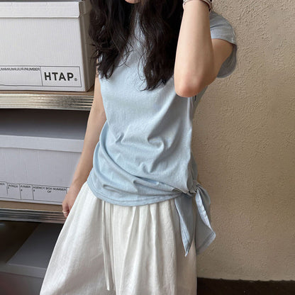 【トップス】韓国風 シンプル 夏新作 ウエストマーク 不規則デザイン 半袖Tシャツ【SNシリーズ】