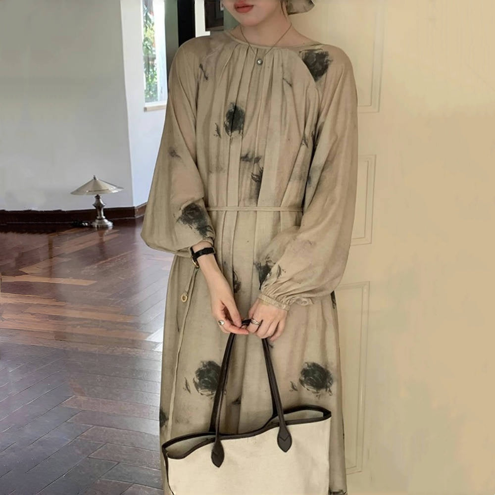 【ワンピース】春秋 レトロ 気質よい プリント シャーリング 着痩せ 長袖ワンピース