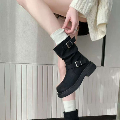 【シューズ】2丈タイプ レトロ丸トゥ 太ヒール ベルト ミドルライダーブーツ