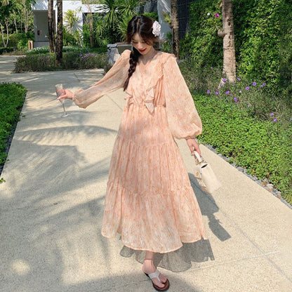 【ワンピース】フレンチ風フリル花柄 長袖ワンピース 細見え フェミニン ロングドレス 爆発ヒット【SHシリーズ】