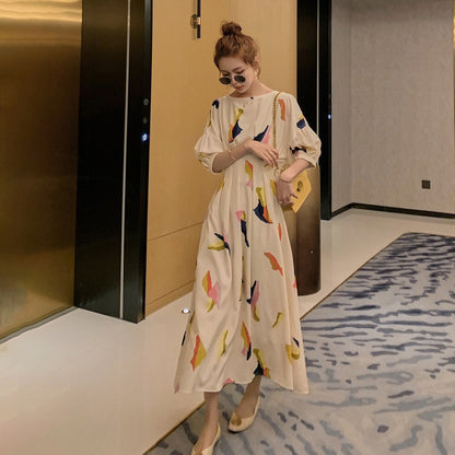 【ワンピース】花柄 長袖ワンピース フレンチ風 ミディ丈 レトロで優しい雰囲気のAラインドレス【SHシリーズ】