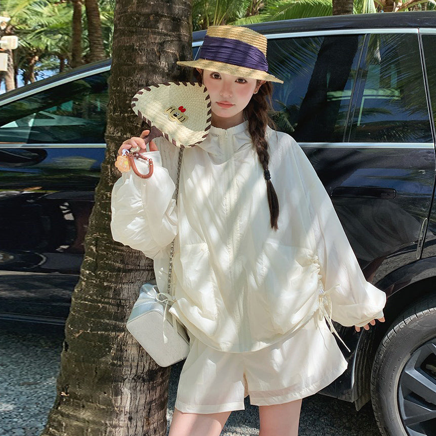 2点セット！【セットアップ】涼しげな白が魅力✨ UVカット 薄手アウター×ワイドパンツ 上下セット【JZシリーズ】