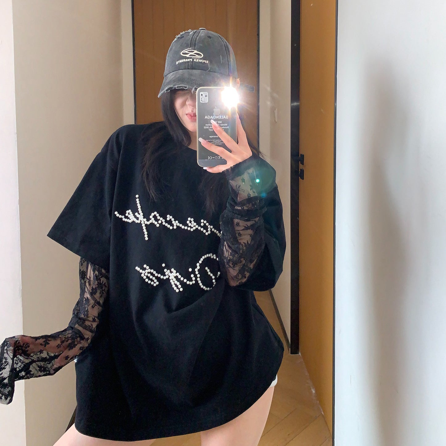 【トップス】夏新作 シンプル個性派 重ね着風 レース＆ビジュー切り替え 綿100％ Tシャツ【FCシリーズ】