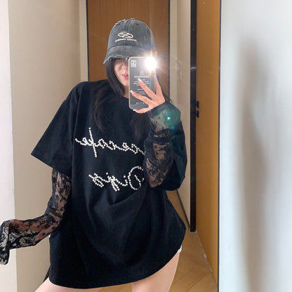 【トップス】夏新作 シンプル個性派 重ね着風 レース＆ビジュー切り替え 綿100％ Tシャツ【FCシリーズ】