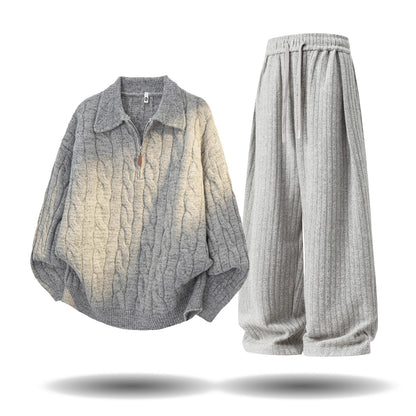 【単品注文】【セットアップ】ヴィンテージ風 ケーブルニット × スウェットパンツ 秋冬 新作 ゆったり ルーズスタイル【FCシリーズ】