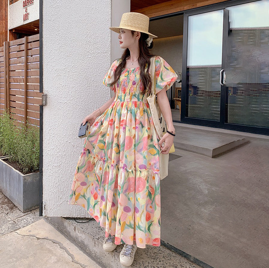 【ワンピース】夏新作 ドーパミン配色トレンド 小花柄 パフスリーブ 半袖ワンピース【SHシリーズ】