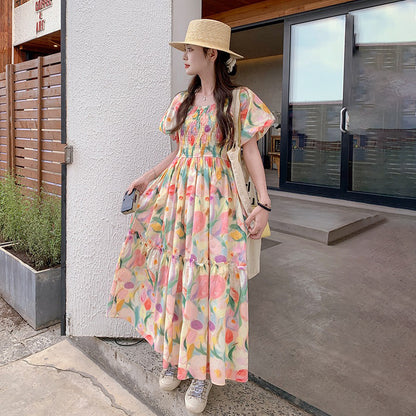 【ワンピース】夏新作 ドーパミン配色トレンド 小花柄 パフスリーブ 半袖ワンピース【SHシリーズ】