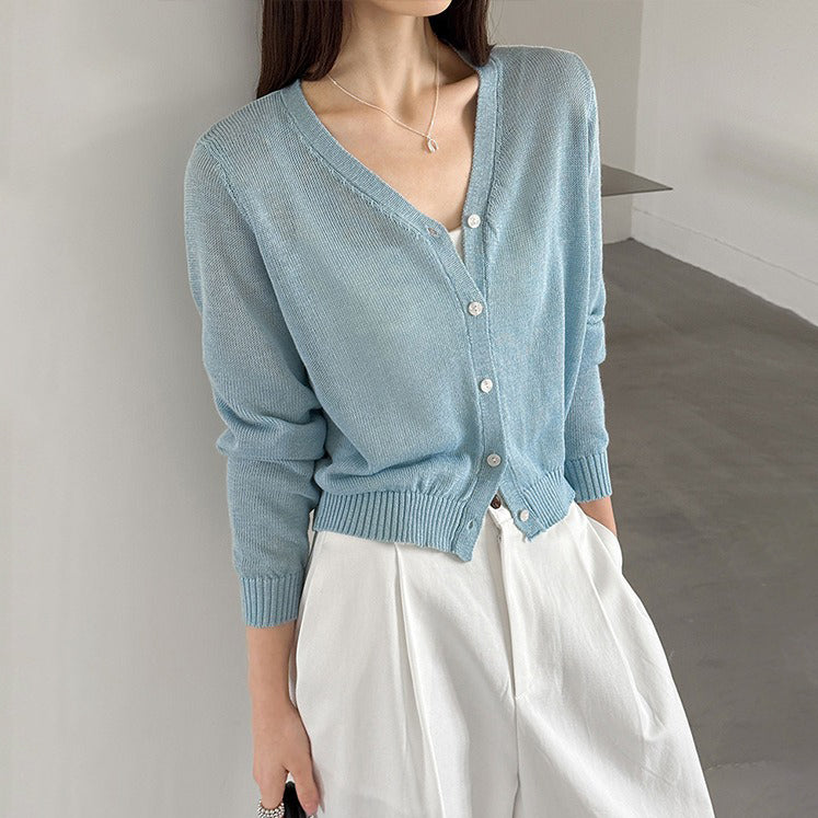 【トップス】Vネック ニットカーディガン レディース 春新作 薄手 長袖 ショート丈 無地 ゆったり 冷房対策【JZシリーズ】
