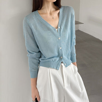 【トップス】Vネック ニットカーディガン レディース 春新作 薄手 長袖 ショート丈 無地 ゆったり 冷房対策【JZシリーズ】