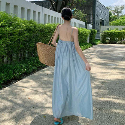 【ワンピース】バックリボン キャミワンピース レディース 夏新作 リゾート 海辺 ノースリーブ ロングワンピース 海島スタイル【SHシリーズ】