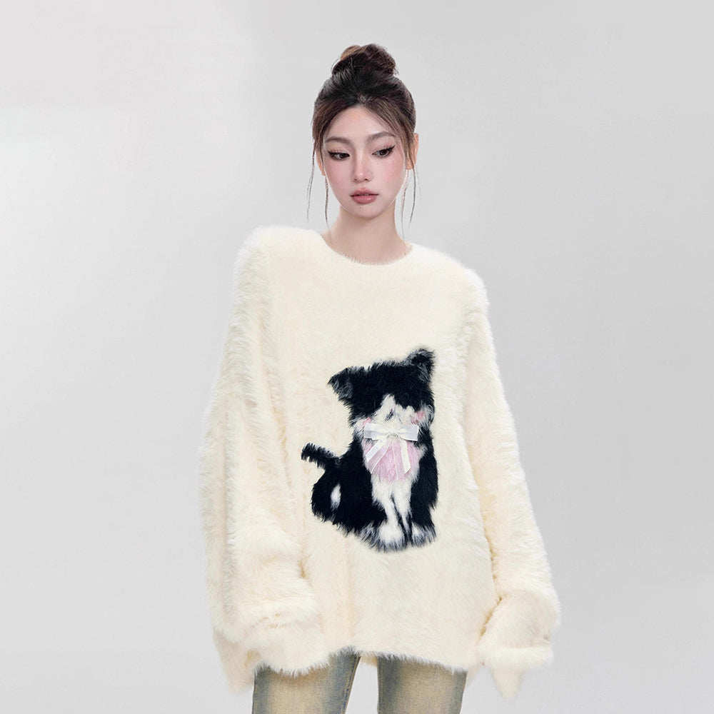 【トップス】ふわふわ 猫モチーフ ミンク風 秋冬 厚手 ゆったり マハラム風 クルーネック セーター【FCシリーズ】