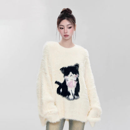 【トップス】ふわふわ 猫モチーフ ミンク風 秋冬 厚手 ゆったり マハラム風 クルーネック セーター【FCシリーズ】