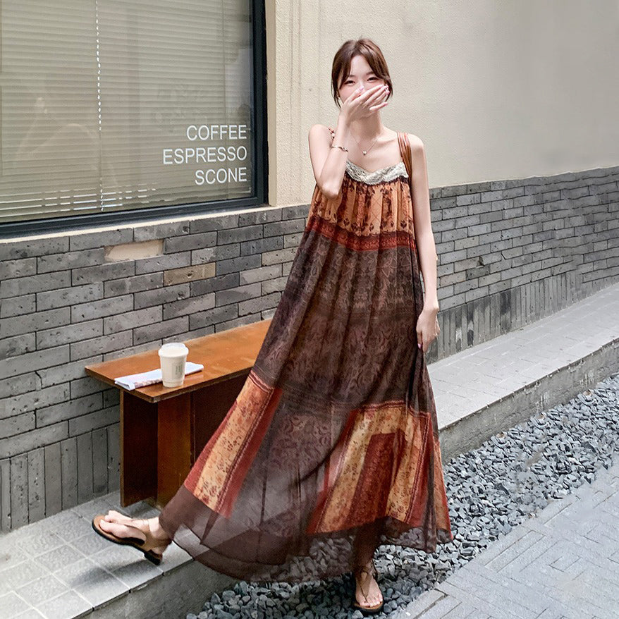 【ワンピース】フレンチ民族風 リゾート 色分けプリント ノースリーブキャミソールワンピース【SHシリーズ】