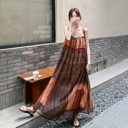 【ワンピース】フレンチ民族風 リゾート 色分けプリント ノースリーブキャミソールワンピース【SHシリーズ】