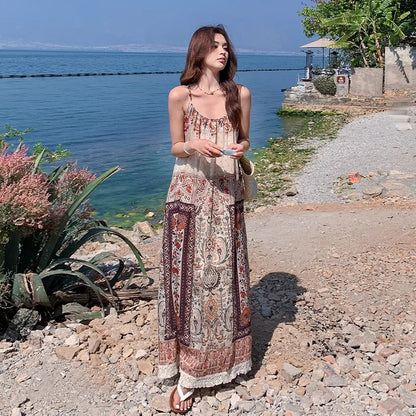 【ワンピース】夏新作 ボヘミアンプリント ノースリーブキャミワンピース リゾートビーチスタイル【SHシリーズ】