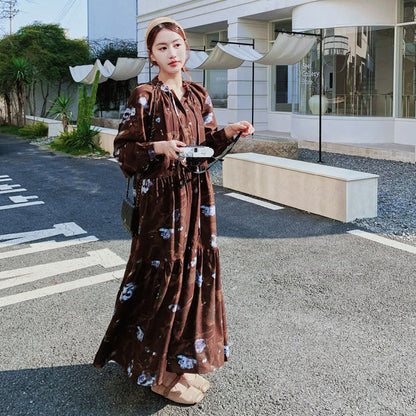 【ワンピース】配色花柄ワンピース 長袖 レディース ヴィンテージ風 ゆったりシルエット デザインロングドレス 春秋スタイル【SHシリーズ】