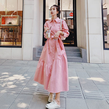 【ワンピース】高級感のある小洒落デザイン ピンク長袖シャツワンピース レディース 春秋 ユニークでおしゃれ 上品な大人風 ロングワンピース【JZシリーズ】