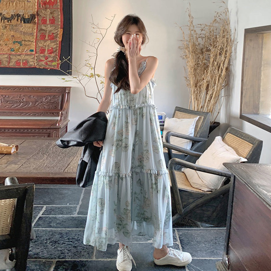 【ワンピース】ブルー ノースリーブ キャミソール 花柄ワンピース リゾート風 ゆったり スリム見え 夏【SHシリーズ】