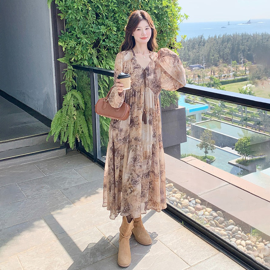 【ワンピース】タイダイ風 花柄シフォン 長袖ワンピース｜Aライン ロングドレス【SHシリーズ】