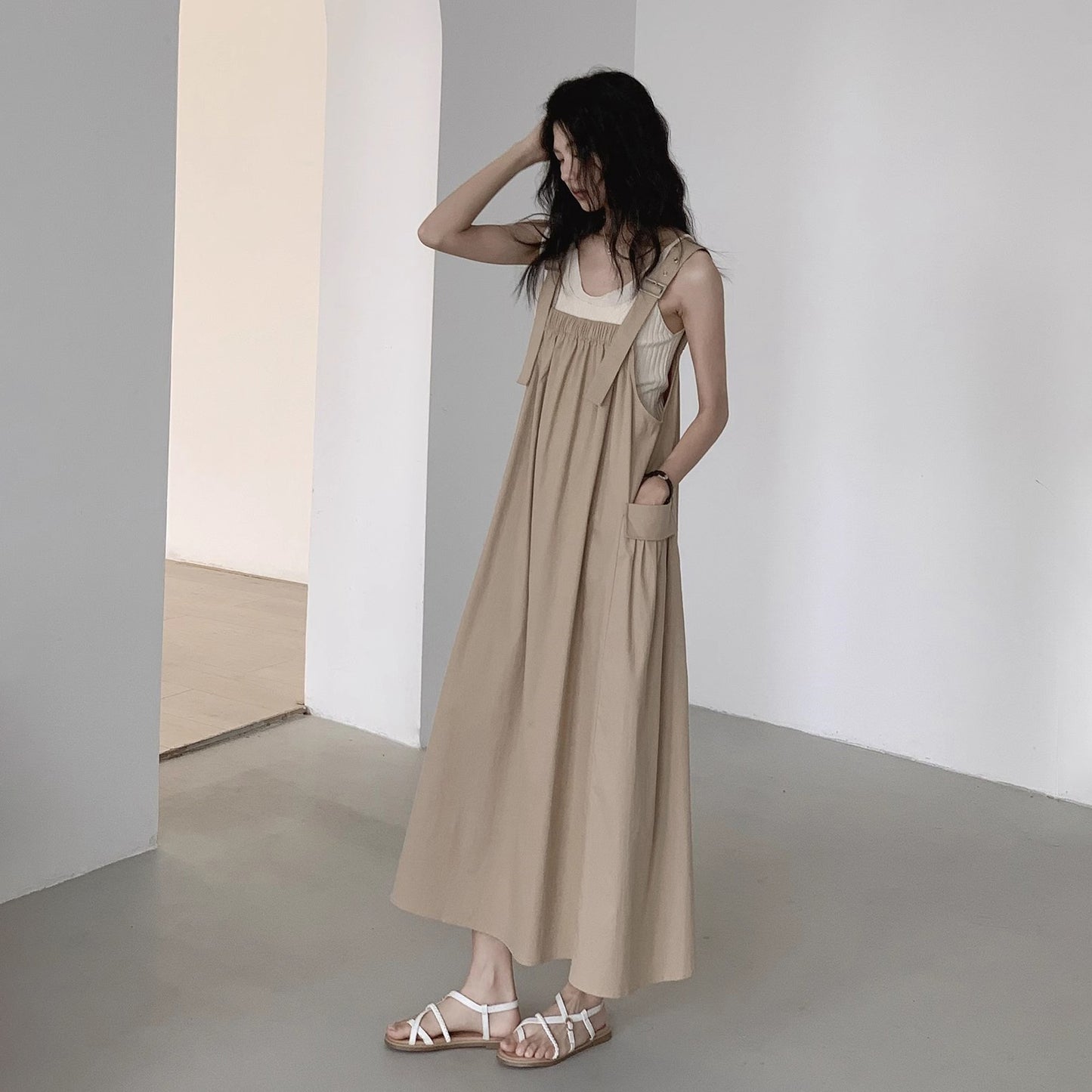 【ワンピース】シンプルヴィンテージ 夏新作 ゆったり韓国風カジュアル ノースリーブキャミソールワンピース【JZシリーズ】