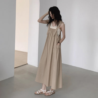 【ワンピース】シンプルヴィンテージ 夏新作 ゆったり韓国風カジュアル ノースリーブキャミソールワンピース【JZシリーズ】