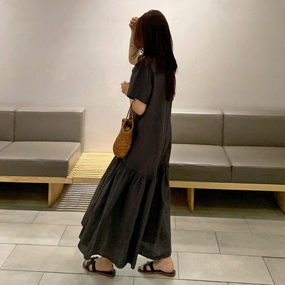 【ワンピース】着るだけで細見え✨韓国風 ワンピース 半袖 ロング丈 マーメイドライン 大きいサイズ ゆるカジュアル 夏新作【JZシリーズ】