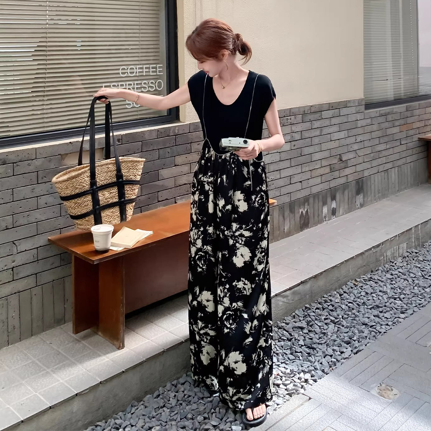 2点セット！【セットアップ】Tシャツ＋サロペット 上下セット レディース 夏 ワイドパンツ オールインワン ゆったり 体型カバー カジュアル【SHシリーズ】