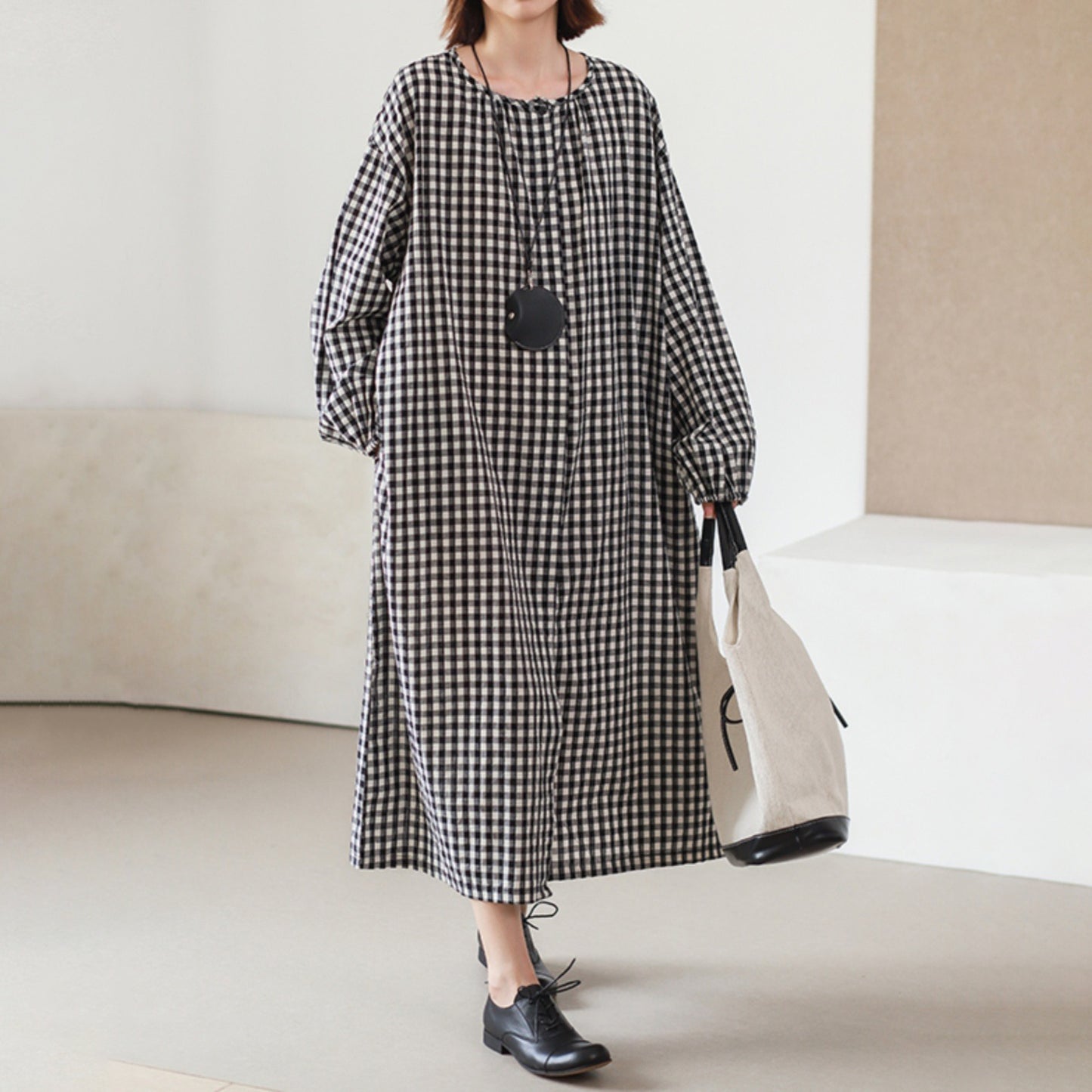 【24AW】【15～20日内発送】【ワンピース】レトロ チェック柄 大きいサイズ ゆったり 長袖ワンピース