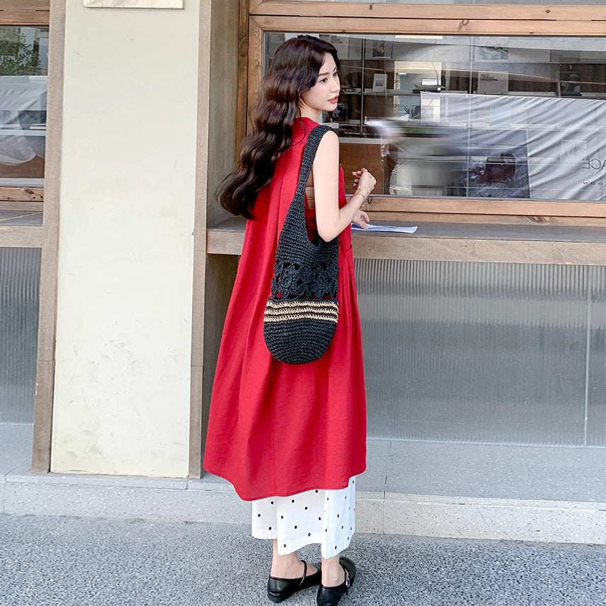 2点セット!【セットアップ】赤ノースリーブロングジレワンピース＋ドットワイドパンツ 上下セットアップ 夏コーデ【JZシリーズ】