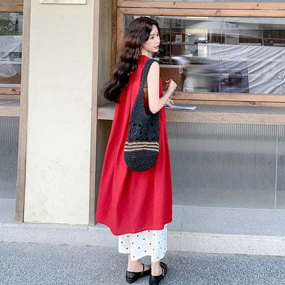 2点セット!【セットアップ】赤ノースリーブロングジレワンピース＋ドットワイドパンツ 上下セットアップ 夏コーデ【JZシリーズ】