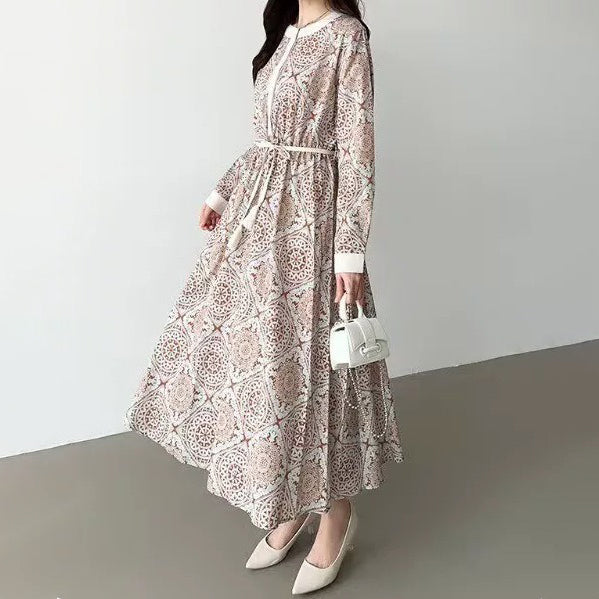 【ワンピース】レトロ柄ワンピース レディース 夏新作 スタンドカラー ウエストゴム きれいめ 通勤【SHシリーズ】