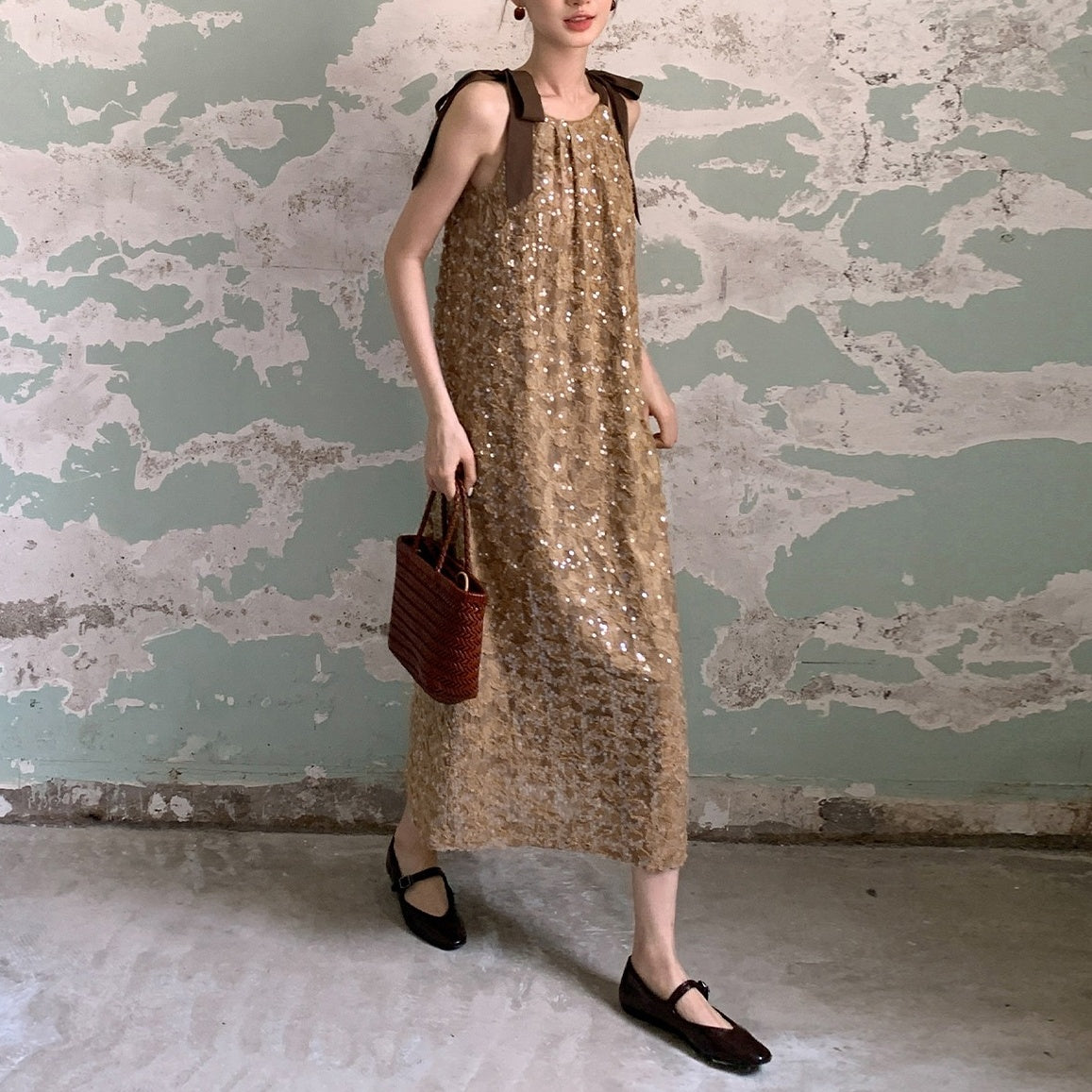 【ワンピース】夏 金箔風 テクスチャ感 スパンコール キャミワンピース  【SHシリーズ】