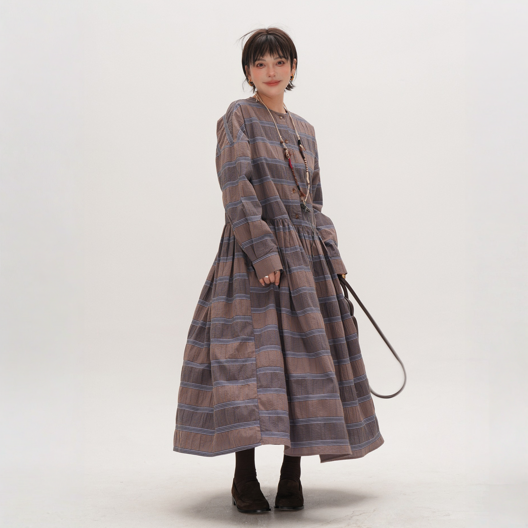 【ワンピース】春 秋 チェック柄 着痩せ効果 ミディ丈 ニッチ 長袖 ワンピース 【JZシリーズ】