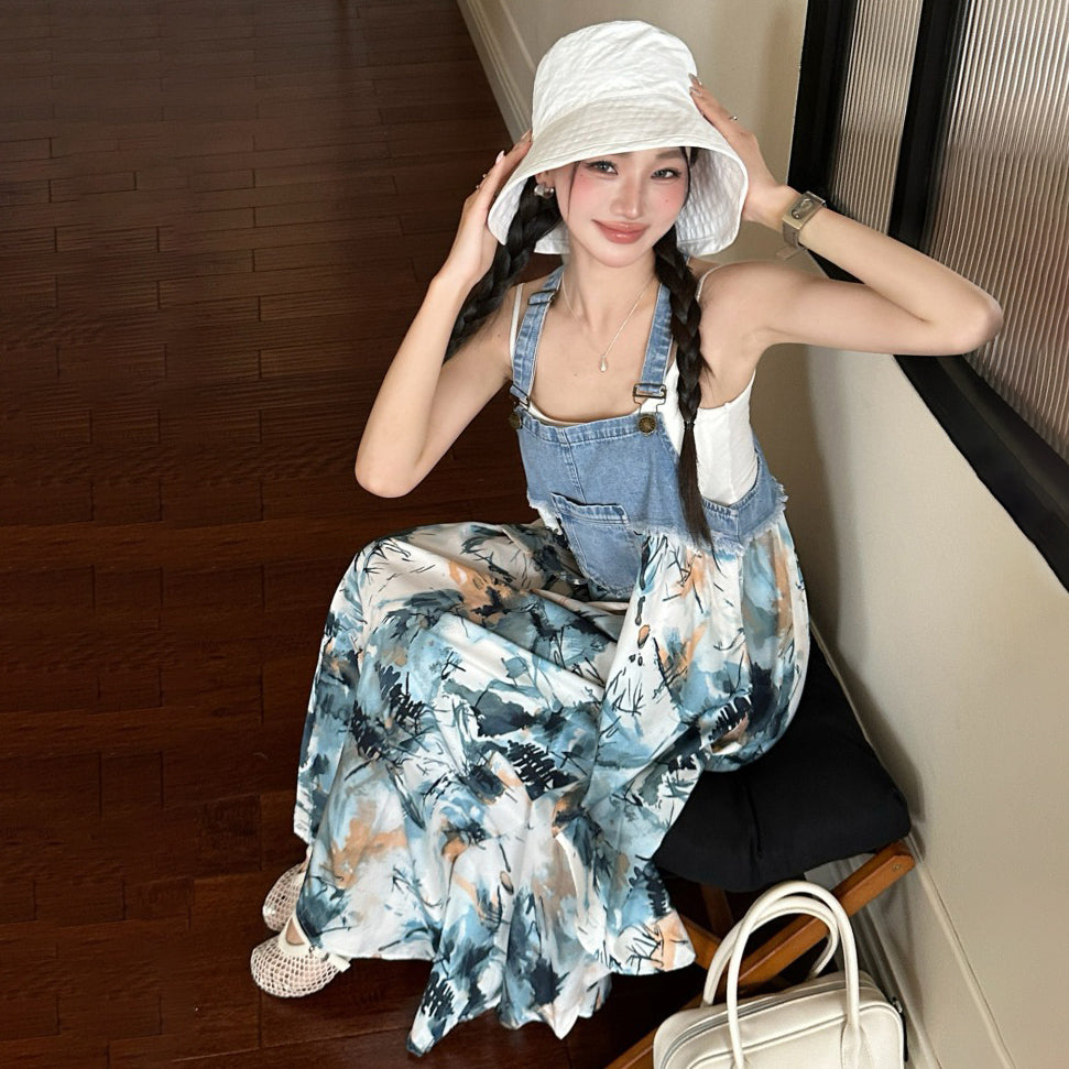 【ワンピース】夏新作 レトロ油絵風 ゆったりシルエット デニム切り替え カラフル小花柄 ノースリーブワンピース【SHシリーズ】